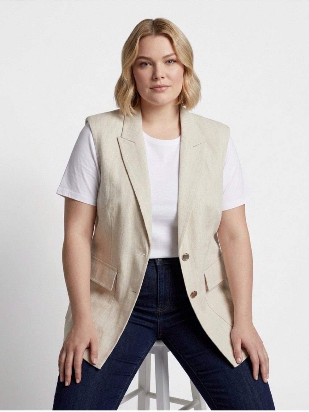 DKNY Cream Tailored Longline Blazer Vest Women XL